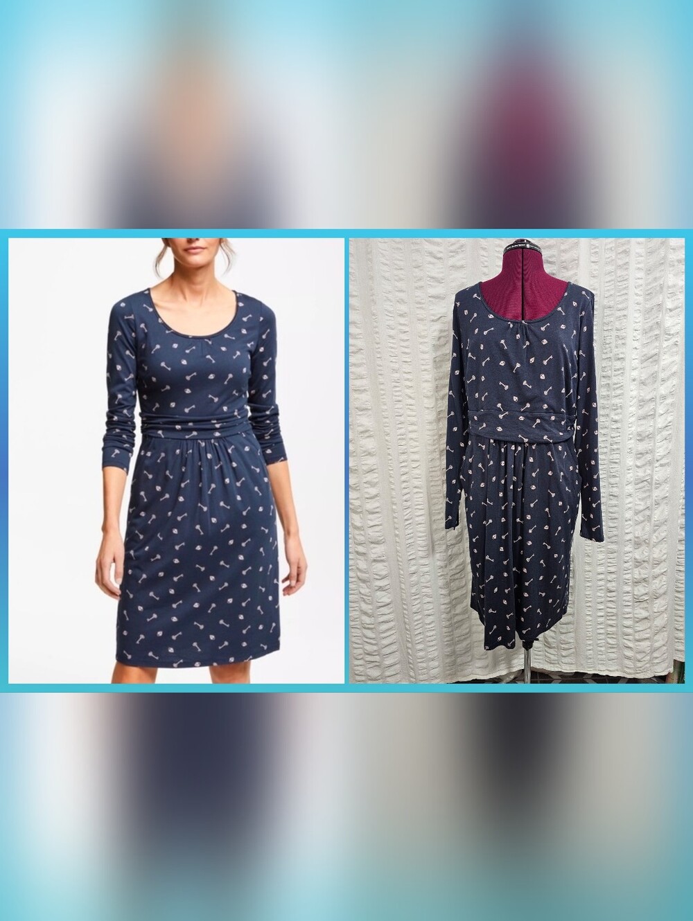 Boden Mabel Navy Long-Sleeve Scoop-Neck Ruched Waist Dress Pale Lock & Key Print